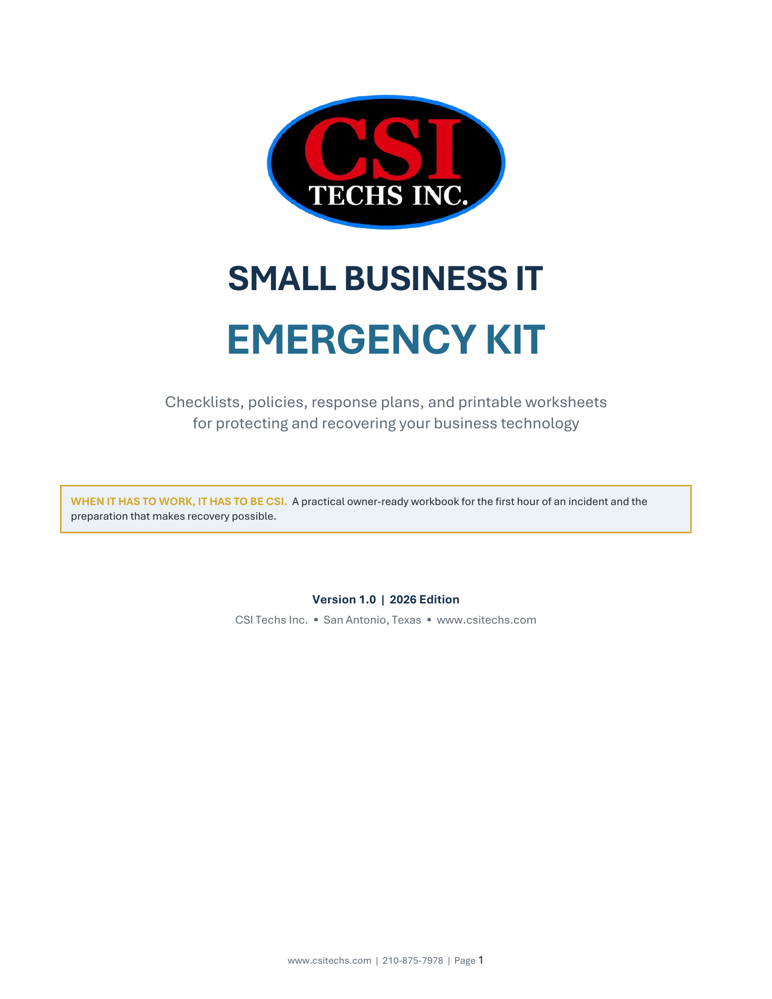 Cover of the CSI Techs Small Business IT Emergency Kit